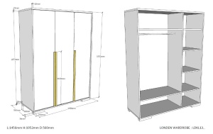 Dulap copii LONDON, 3 uși cu soft-close + rafturi interioare + bară de agățat, 145,6x56x195,2 cm, antracit/natural – Vipack - Img 3
