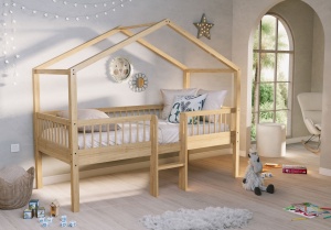 Pat Casă Înălțat Forrest Oak 90x200 cm, pentru Camera Copii, din Lemn de Stejar, Natur, cu Scară, Sertare și Set Textil – Vipack - Img 7
