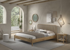 Pat dublu OLIVE, 180 x 200 cm, cu tăblie cu lamele rotunjite și aspect lemn de stejar, design modern, fără somieră inclusă, cu noptieră cu două rafturi deschise – Vipack