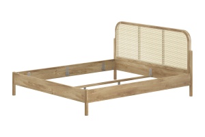 Pat dublu OLIVE, 180 x 200 cm, cu tăblie rotunjită din rattan și aspect lemn de stejar, design modern, fără somieră inclusă, cu noptieră cu două rafturi deschise – Vipack - Img 4