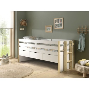 Pat pentru copii MARGRIT, 90 x 200 cm, alb cu tonuri naturale, cu 3 sertare pentru depozitare – Vipack