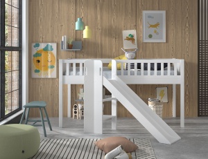 Pat pentru copii SCOTT, alb, 90 x 200 cm, din pin scandinav și MDF, cu scară frontală, glisieră și perdea de joacă SPACE SHUTTLE – Vipack - Img 7