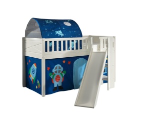 Pat ridicat pentru copii SCOTT, alb, 90 x 200 cm, din pin scandinav și MDF, cu scară frontală, tobogan, perdea de joacă și tunel ASTRO – Vipack - Img 2