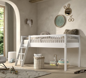 Pat Semi-Înălțat Forrest Beech pentru Camera Copii, 90x200 cm, cu Set Textil Inclus, din Lemn Masiv de Fag, Alb – Vipack - Img 3