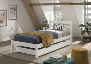 Pat single pentru copii 90 x 200 cm alb din colecția PINO, cu somieră cu lamele rulabile și set de 2 sertare pentru depozitare – Vipack