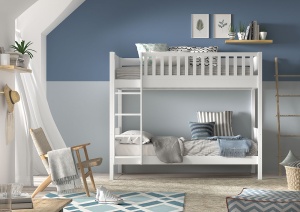 Pat supraetajat pentru copii SCOTT, alb, 90 x 200 cm, din pin scandinav și MDF, cu somiere incluse și sertar mare pentru loc de dormit suplimentar – Vipack - Img 6