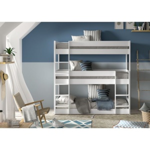 Pat supraetajat triplu pentru copii SCOTT, alb, 90 x 200 cm, din pin scandinav masiv, cu 3 spații de dormit – Vipack - Img 3