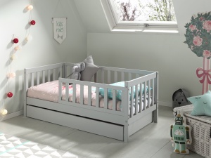 Pat Toddler gri pentru copii mici, 70 x 140 cm, cu sertar de depozitare – Vipack - Img 1
