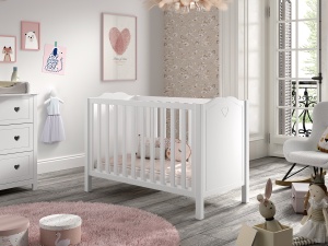 Pătuț Bebeluși AMORI, 60x120 cm, Alb (Pin Masiv și MDF), Design Romantic – Vipack - Img 1