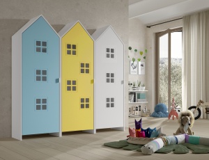 Set 3 Dulapuri pentru Copii Căsuță, Albastru, Alb și Galben, (MDF) – CASAMI BRUGES – Vipack - Img 1