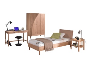 Set Complet Mobilier Camera Copii Forrest Oak, Pat 90x200 cm cu Tăblie Textilă, Dulap cu 3 Uși, Noptieră și Birou, din Lemn de Stejar, Natur – Vipack - Img 6