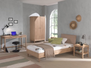 Set Complet Mobilier Camera Copii Forrest Oak, Pat 90x200 cm cu Tăblie Textilă, Dulap cu 2 Uși, Noptieră și Birou, din Lemn de Stejar, Natur – Vipack - Img 1