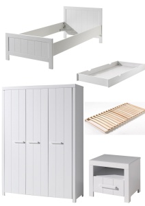 Set Mobilier Cameră Copii ERIK, pat 90x200 cm, dulap cu 3 uși, noptieră și sertar, alb – Vipack - Img 5