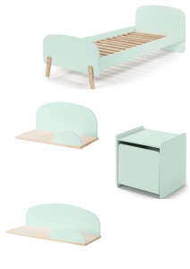Set Mobilier Kiddy pentru Camera Copii – Pat 90x200 cm, Noptieră & 2 Polițe Perete – Verde Mentă – Vipack - Img 6