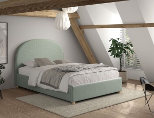 Set MOON: pat tapițat 140 x 200 cm verde cu țesătură bouclé și spațiu de depozitare + taburet verde multifuncțional – Vipack - Img 7