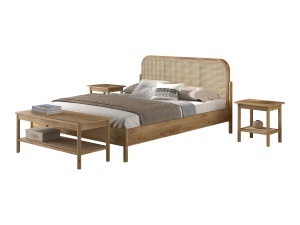 This OLIVE combination consists of a double bed (160 x 200 cm) with a rattan headboard, two bedside tables with rattan and a bench.