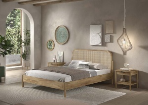 This OLIVE combination consists of a double bed (160 x 200 cm) with a rattan headboard and two bedside tables with drawer. - Img 2