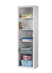 Bibliotecă pentru copii Robin albă din MDF lăcuit și pin masiv, cu 4 rafturi reglabile și finisaj cu caneluri verticale – Vipack - Img 1