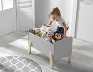 Cutie pentru Jucării Kiddy, cu 3 Compartimente și Picioare din Pin Masiv, Gri Rece – Vipack - Img 1