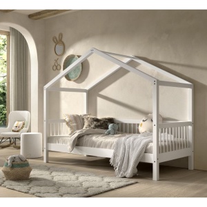 Pat Căsuță Forrest Beech pentru Camera Copii, 90x200 cm, din Lemn Masiv de Fag, Alb – Vipack