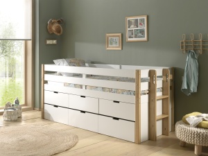 Pat pentru copii MARGRIT, 90 x 200 cm, alb cu tonuri naturale, cu 3 sertare și pat trundle pentru dormit sau depozitare – Vipack - Img 3