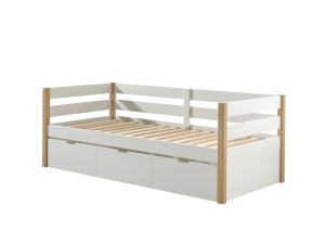 Pat pentru copii MARGRIT, 90 x 200 cm, alb cu tonuri naturale, cu pat trundle pentru dormit sau depozitare – Vipack - Img 2