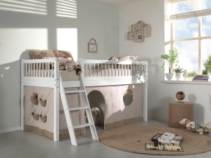Pat Semi-Înălțat Forrest Beech pentru Camera Copii, 90x200 cm, cu Set Textil Inclus, din Lemn Masiv de Fag, Alb – Vipack - Img 1