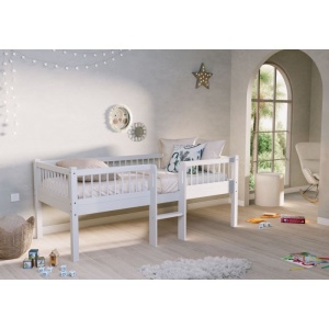 Pat Semi-Înălțat (Mid-Sleeper) cu Scară Forrest Beech pentru Camera Copii, 90x200 cm, din Lemn Masiv de Fag, Alb – Vipack - Img 1