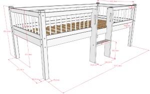 Pat Semi-Înălțat (Mid-Sleeper) cu Scară Forrest Oak pentru Camera Copii, 90x200 cm, din Lemn Masiv de Stejar, Natur – Vipack - Img 3