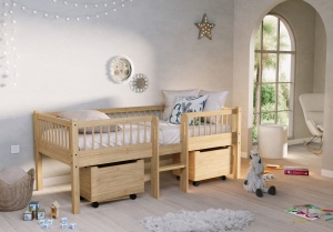 Pat Semi-Înălțat (Mid Sleeper) Forrest Oak 90x200 cm, pentru Camera Copii, din Lemn de Stejar, Natur, cu Scară și 2 Sertare – Vipack - Img 1
