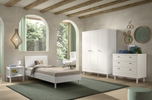Set Complet Mobilier Camera Copii Forrest Beech, Pat 90x200 cm, Dulap cu 3 Uși, Noptieră și Comodă, din Lemn de Fag Lăcuit Alb – Vipack - Img 1
