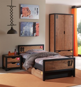 Set Complet Mobilier Copii ALEX, 4 Piese, Pat 90x200 cm cu Somieră, Pin Masiv, Design Industrial – Vipack - Img 1