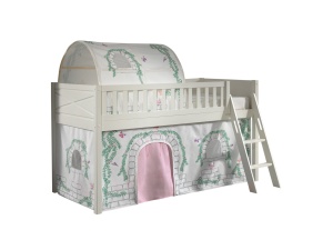 Set complet pat semi-supraetajat SCOTT pentru copii, alb, 90 x 200 cm, din pin scandinav masiv, cu scară, sertare + 3 buzunare depozitare + perdea de joacă BIRDY – Vipack - Img 2