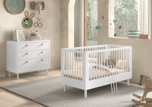 Set Mobilier Cameră Bebelus Forrest Beech, din Lemn Masiv de Fag, Alb: Pătuț Convertibil (70x140 cm) și Comodă cu 3 Sertare – Vipack