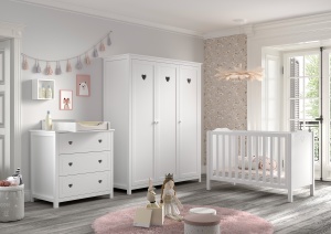 Set Mobilier Cameră Bebeluși AMORI, 3 Piese, Alb (Pin Masiv și MDF), Design Romantic – Vipack - Img 1