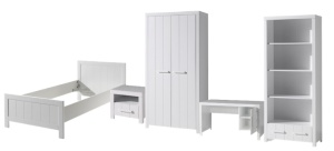 Set Mobilier Cameră Copii ERIK: Pat 90x200 cm, Dulap 2 Uși, Birou, Bibliotecă și Noptieră, Alb – Vipack - Img 7