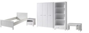 Set Mobilier Cameră Copii ERIK: Pat 90x200 cm, Dulap 3 Uși, Birou, Bibliotecă și Noptieră, Alb – Vipack - Img 7