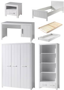 Set Mobilier Cameră Copii ERIK, pat 90x200 cm, dulap cu 3 uși, birou, bibliotecă și sertar alb – Vipack - Img 5