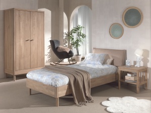 Set Mobilier Camera Copii Forrest Oak, Pat 90x200 cm, Dulap cu 2 Uși și Noptieră, din Lemn Masiv de Stejar, Natur – Vipack - Img 1
