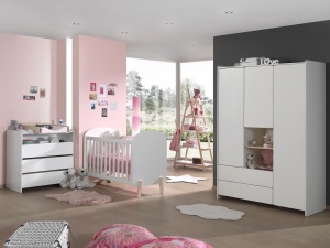 Set Mobilier Kiddy pentru Camera Bebelușului – Pătuț 60x120 cm, Comodă, Placă de Înfășat, Dulap 3 Uși & Bibliotecă – Alb – Vipack
