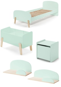 Set Mobilier Kiddy pentru Camera Copii – Pat 90x200 cm, Noptieră, Cutie Jucării & 2 Polițe Perete – Verde Mentă – Vipack - Img 6