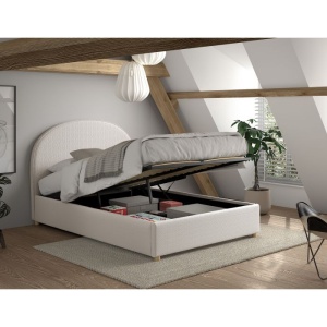 Set MOON: pat tapițat 140 x 200 cm alb cu țesătură bouclé și spațiu de depozitare + taburet alb multifuncțional – Vipack - Img 7