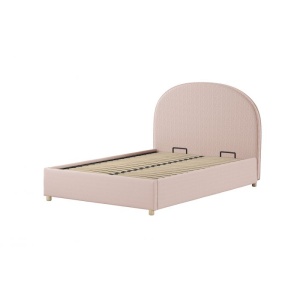 Set MOON: pat tapițat 140 x 200 cm roz cu țesătură bouclé și spațiu de depozitare + taburet roz multifuncțional – Vipack - Img 3