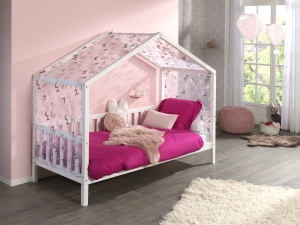 Set Pat Căsuță, cu Protecție și Perdea Fluturi, Alb, 90 x 200 cm, Pin Masiv – Dallas – Vipack