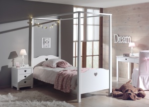 Set Pat cu Baldachin și Noptieră AMORI, 2 Piese, 90x200 cm, Alb (Pin Masiv și MDF) – Vipack
