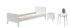 Set Pat Single, Noptieră și Masă de Toaletă pentru Copii, 3 Piese, 90x200 cm, Alb Satinat (Pin Masiv și MDF) – Billy – Vipack - Img 2