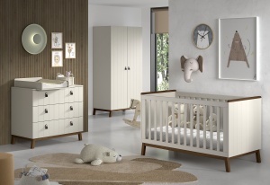 This SEZANE combination in clay consists of a toddler bed (70 x 140 cm), a chest of drawers with 3 drawers, a matching changing board and a 2-door wardrobe.