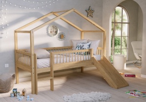 Pat Casă Înălțat Forrest Oak 90x200 cm, pentru Camera Copii, din Lemn de Stejar, Natur, cu Tobogan și Set Textil – Vipack - Img 1