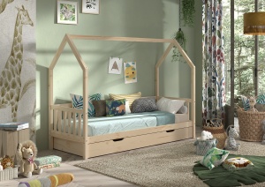 Pat Căsuță cu Sertar Extensibil, Natural, 90 x 190/200 cm (Pin Masiv) – CABANE – Vipack - Img 1