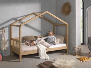 Pat Căsuță Forrest Oak pentru Camera Copii, 90x200 cm, cu Set Textil Inclus, din Lemn Masiv de Stejar, Natur – Vipack - Img 1